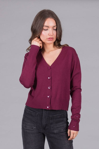 SOLO - V-Neck Knit Cardigan - Plum: 14