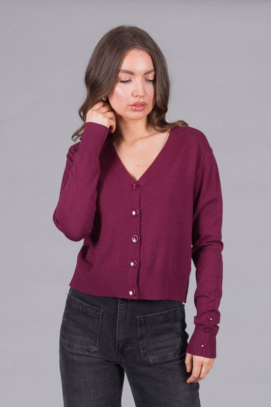 SOLO - V-Neck Knit Cardigan - Plum: 14