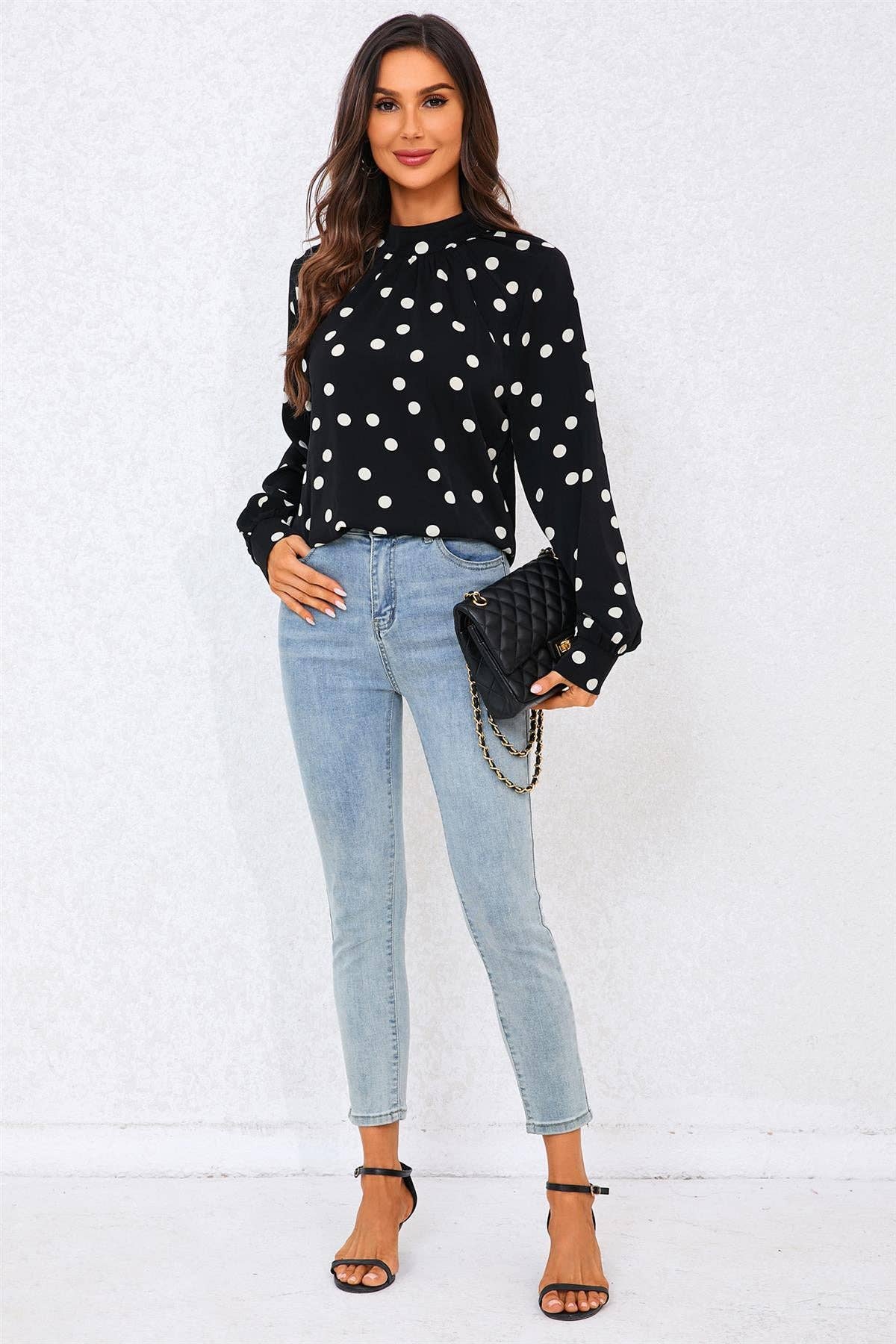 FS Collection - Black Dot Print Halter Neck Blouse Top In Black: Black / M
