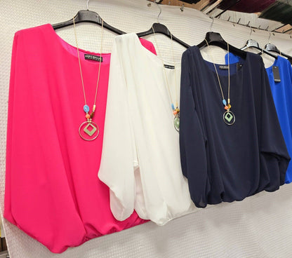Kurt Muller - Emma Necklace Bubble Hem Lined Blouse: White