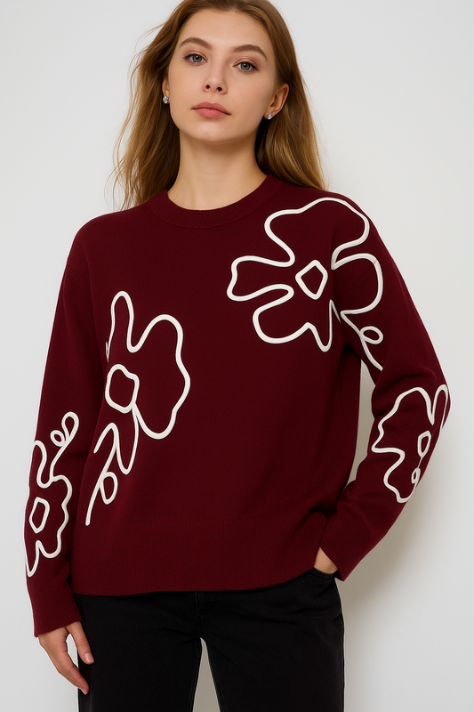 Lucy Sparks - SOFT KNIT JUMPER WITH CONTRASTING FLORAL LACE DESIGN: Burgundy