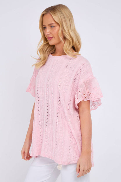 Crochet Embroidered Frill Sleeve Stretchable Top: Beige / One Size To Fit UK 12 to 18