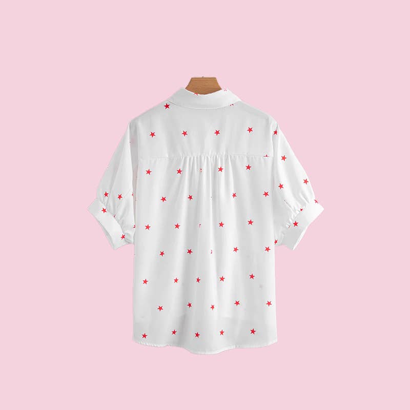MUWATI - Little Stars Printed Loose Half Sleeve Loose Shirt: White / L