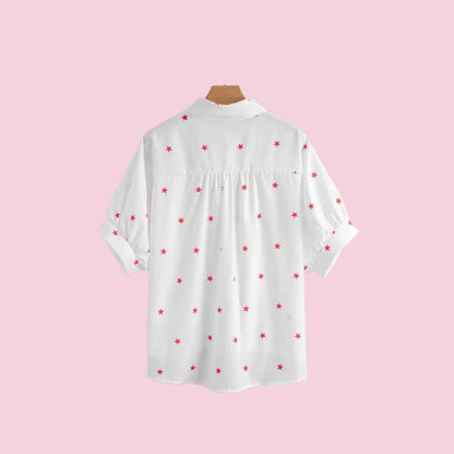 MUWATI - Little Stars Printed Loose Half Sleeve Loose Shirt: White / L