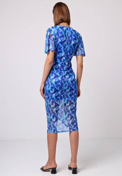 ANGELEYE - Angel Sleeve Wrap Fitted Mesh Midi Dress in Blue Print: S
