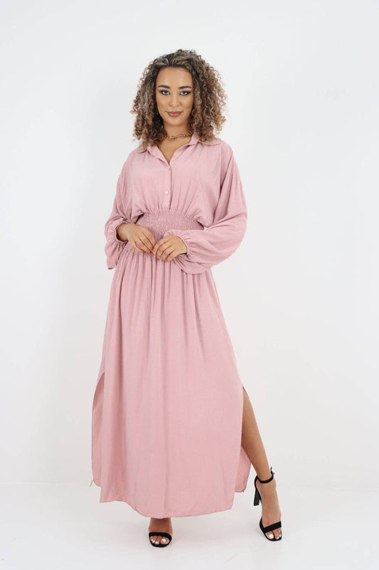 Italian Elasticated Waist Double Slit Maxi Dress: Dusty Pink / One Size To Fit UK 8-18