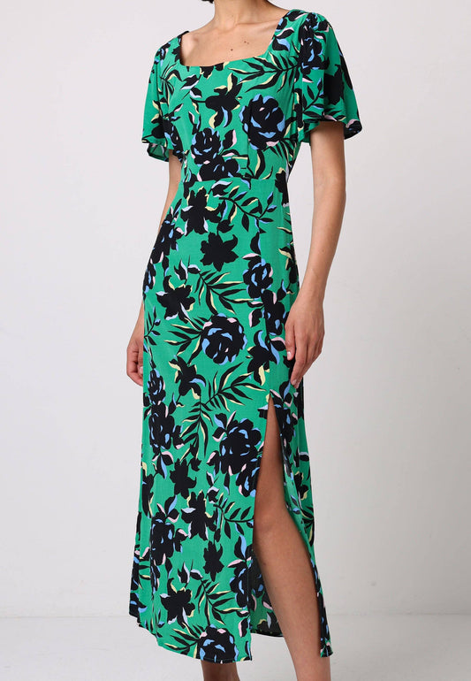 ANGELEYE - Angel Sleeves Green Midi Dress With Side Slit In Black Floral Print: M