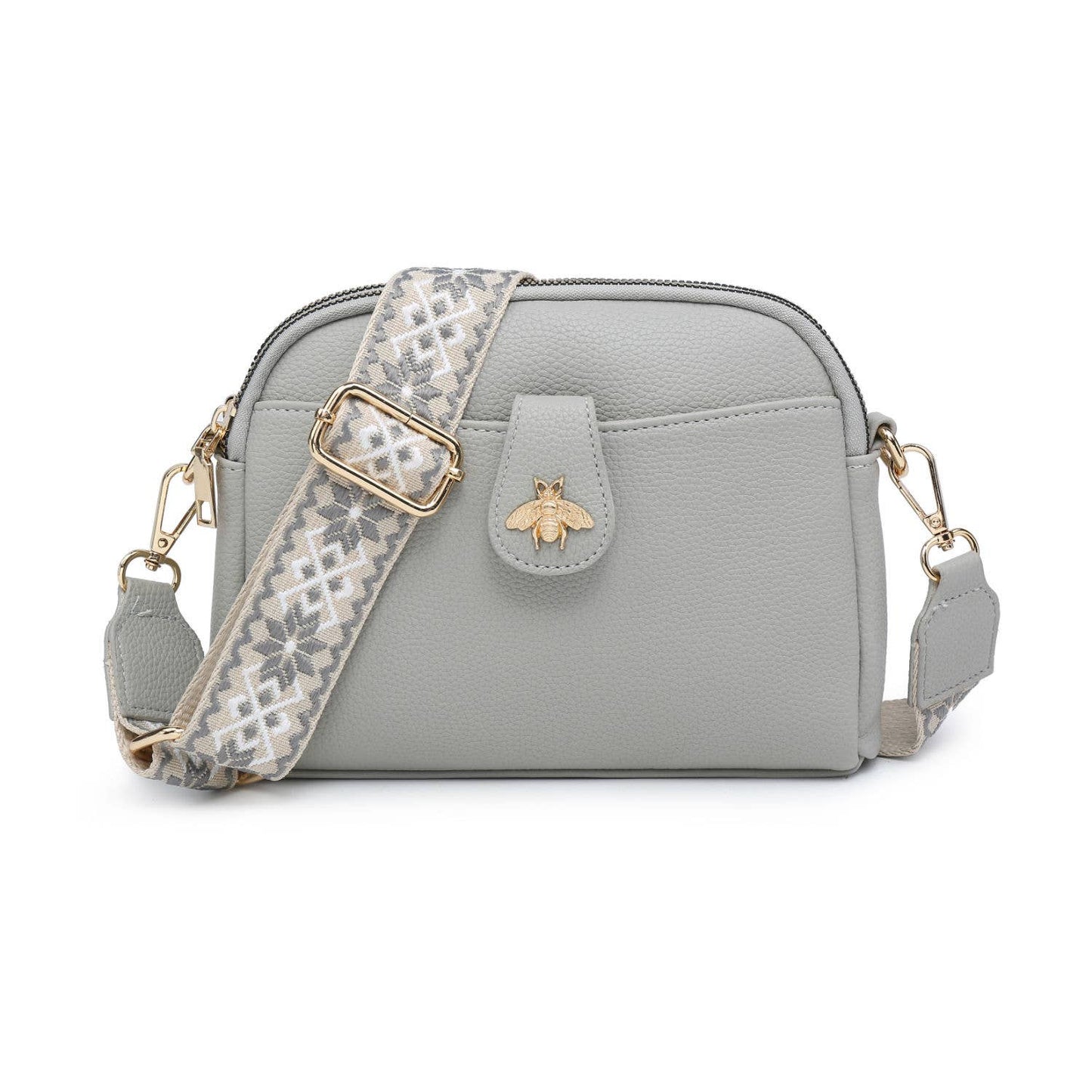 Cross Body Handbag with double zip top sections: Taupe