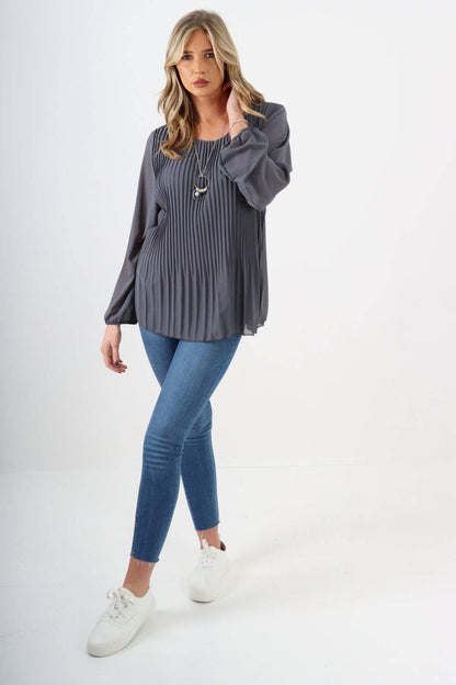 Plain Pleated Necklace Chiffon Top: Dark Grey / One Size To Fit UK 8-16