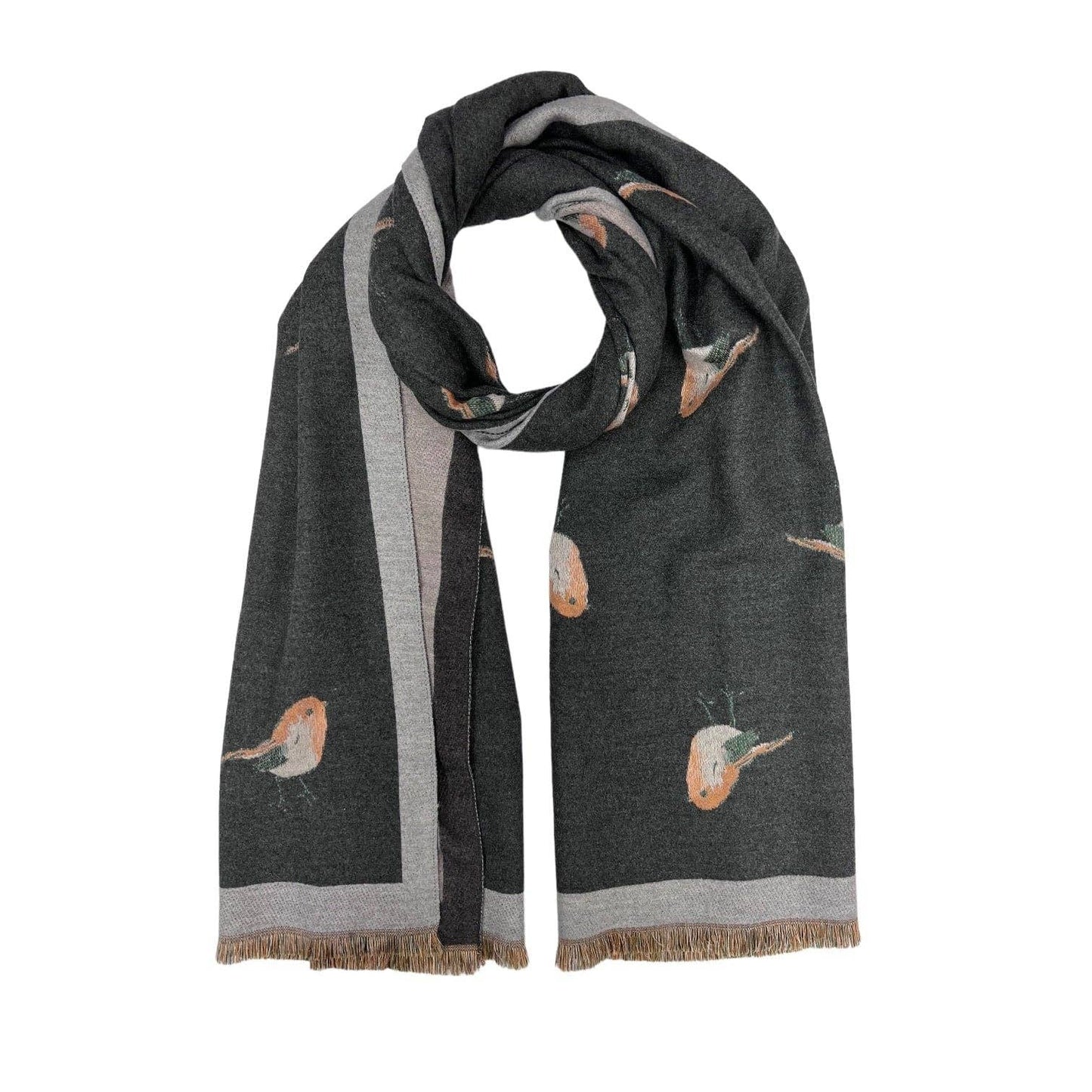 Lili Scarves - Robin Reversible Cashmere Blend Embroidered Print Winter Scarf: Khaki