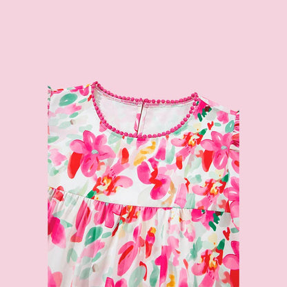 MUWATI - Floral Print Flutter Sleeve Round Neck Casual Blouse: Rose / M