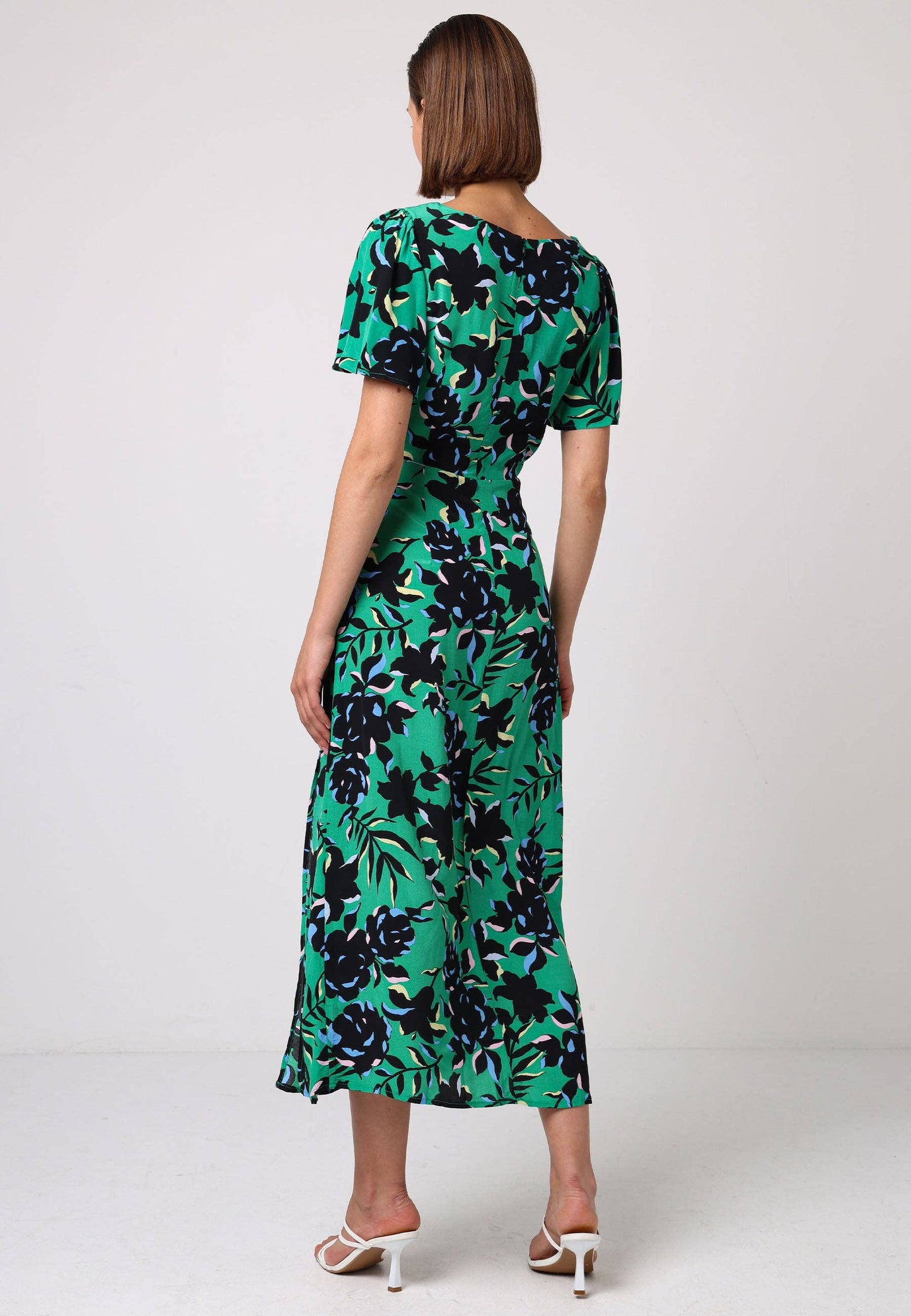 ANGELEYE - Angel Sleeves Green Midi Dress With Side Slit In Black Floral Print: L