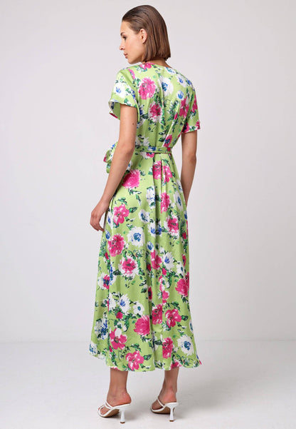 ANGELEYE - Angel Sleeve Tie Wrap Dress in Green Floral Print: L