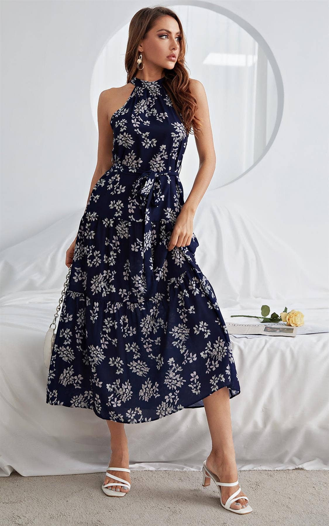 FS Collection - Halter Neck Midi Layer Dress In Nave & White Flora Print: L