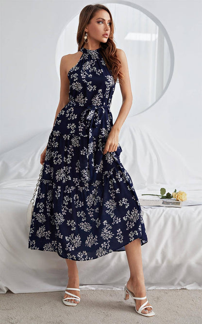 FS Collection - Halter Neck Midi Layer Dress In Nave & White Flora Print: L