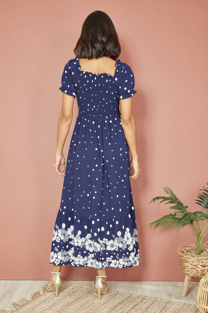 Yumi - Yumi Navy Spot And Floral Print Border Ruched Midi Dress: Navy / 14
