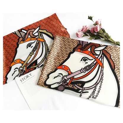Superbia - Horse Print Silk Feel Long Scarf Shawl Wrap-180010: Orange