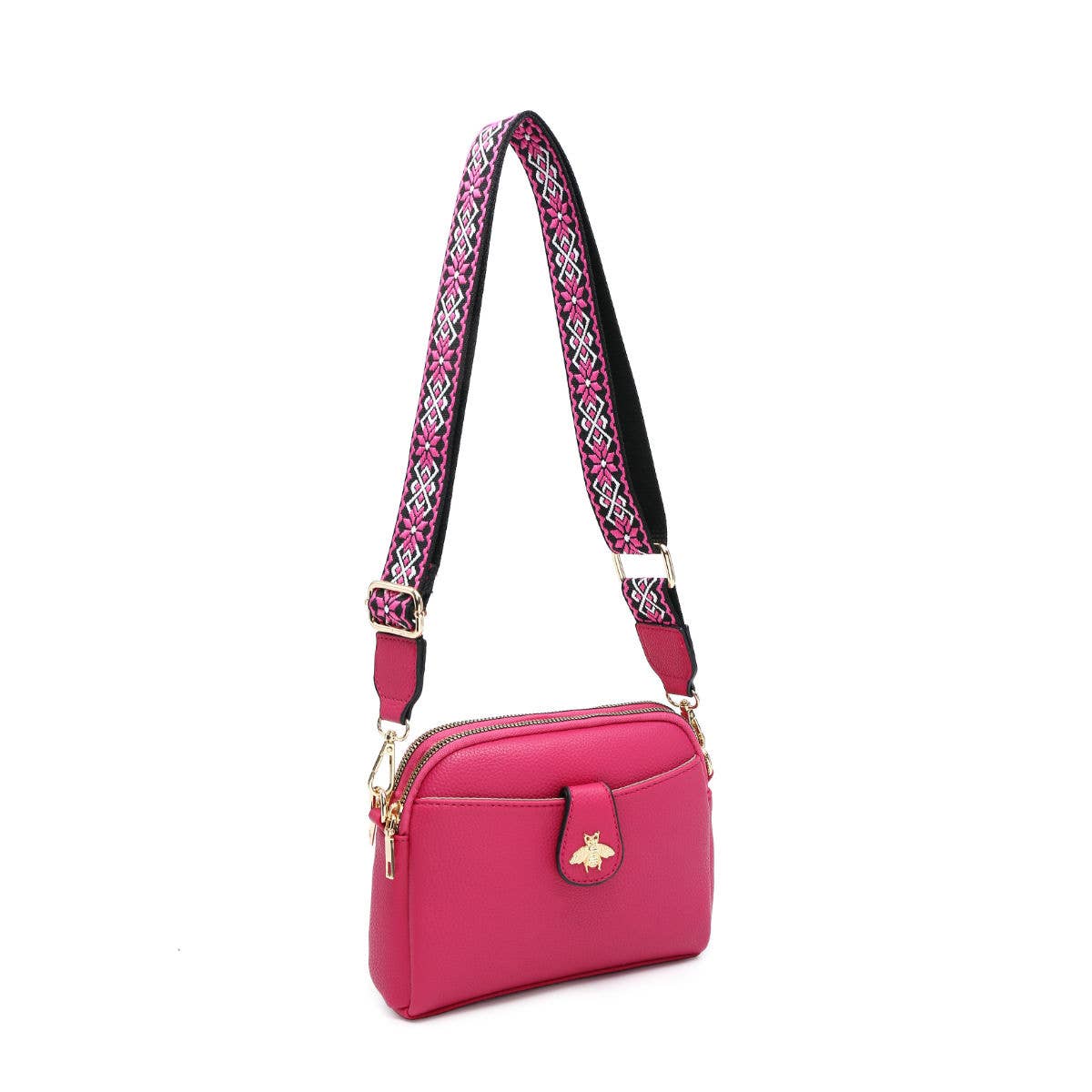 Cross Body Handbag with double zip top sections: Pink