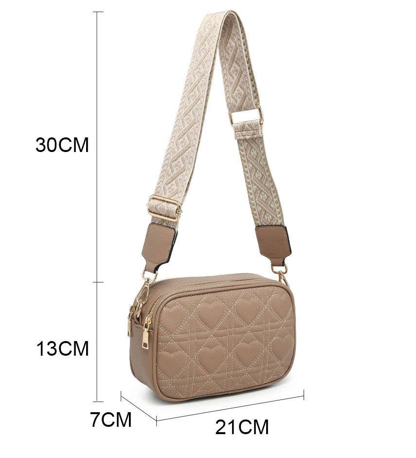 Quited Heart Pattern Double Sections Cross Body Bag: Beige