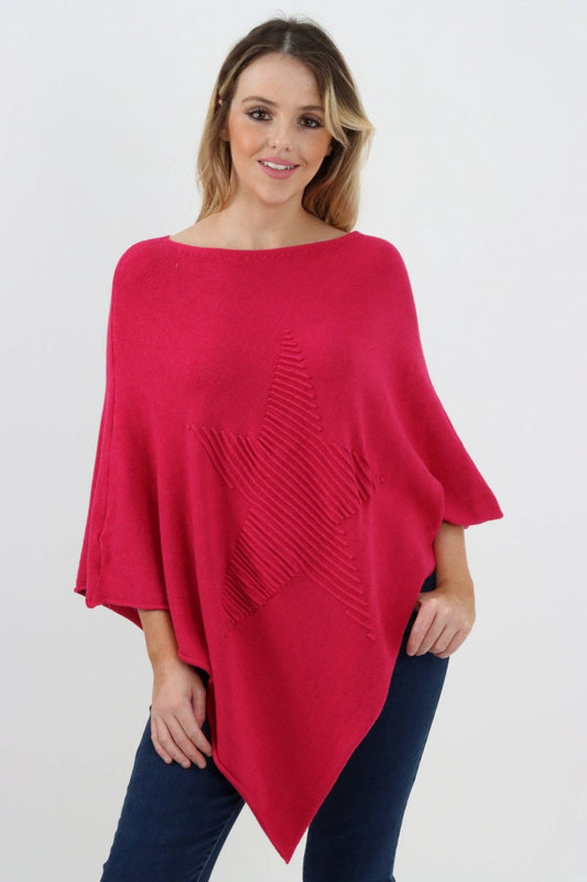 Italian Knitted Lagenlook Star Poncho: Beige / One Size To Fit UK 8-18