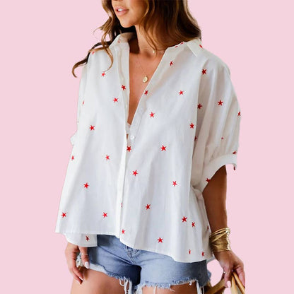 MUWATI - Little Stars Printed Loose Half Sleeve Loose Shirt: White / L