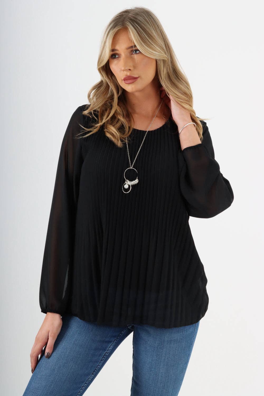 Plain Pleated Necklace Chiffon Top: Dark Grey / One Size To Fit UK 8-16