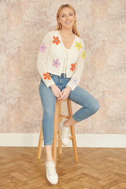 Yumi - Yumi White Tie Front Cardigan With Flower Design: Ivory / L