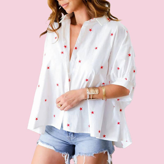 MUWATI - Little Stars Printed Loose Half Sleeve Loose Shirt: White / L
