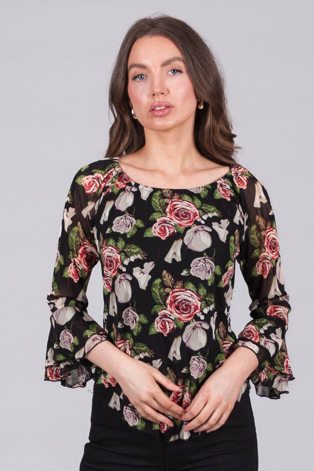 SOLO - Floral Chiffon Top with Ruffle Sleeves: 12