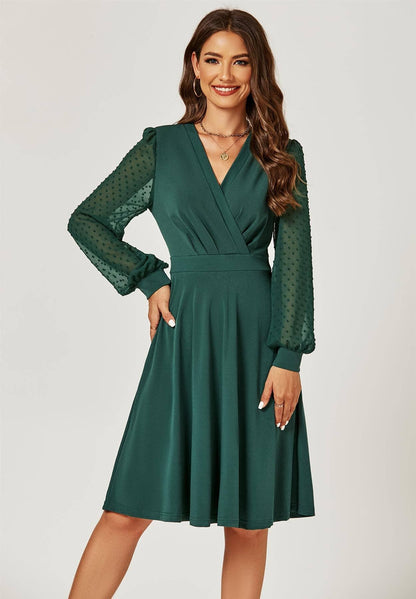 FS Collection - Long Chiffon Sleeve Pleated Midi Dress In Dark Green: M