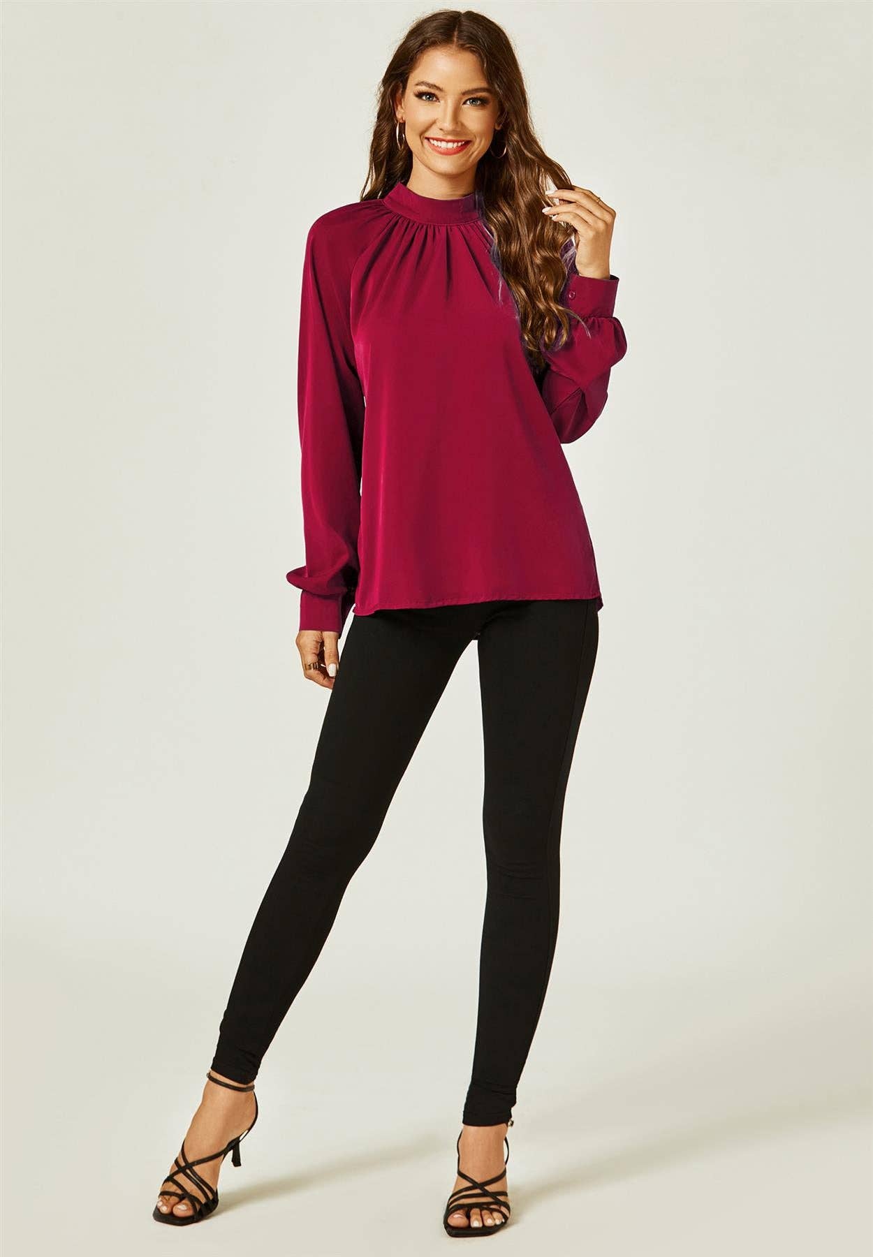 FS Collection - Halter Neck Long Sleeve Blouse Top In Wine Red: L