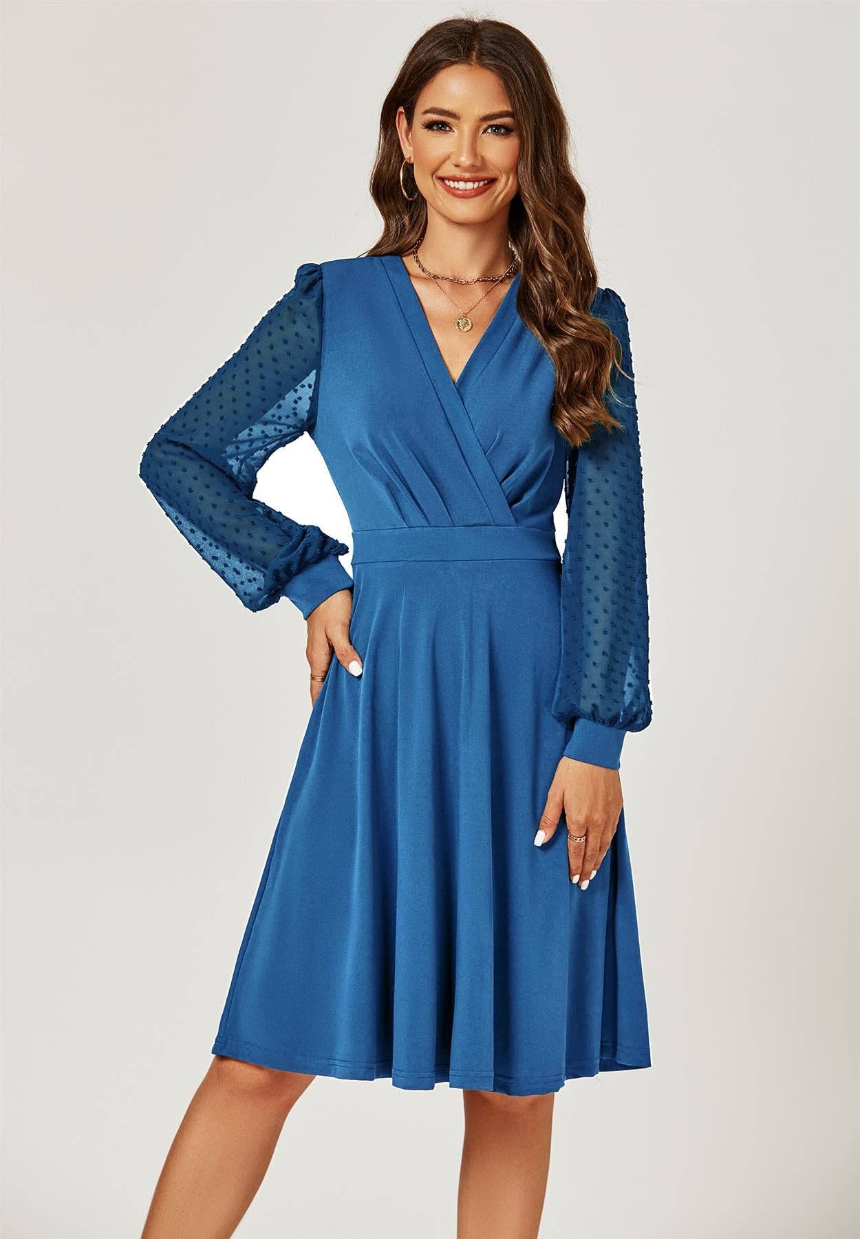 FS Collection - Long Chiffon Sleeve Pleated Midi Dress In Blue: Blue / XL