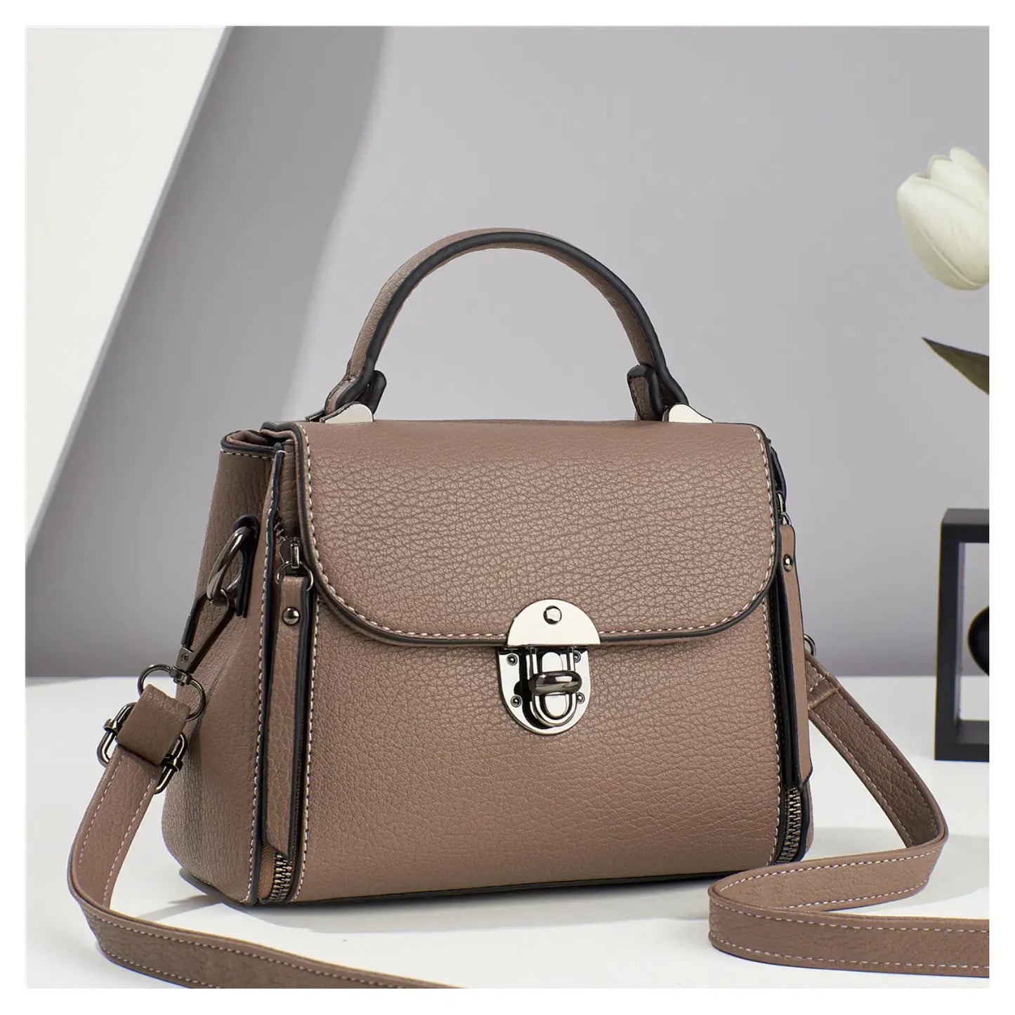 Small Front Clasp Open Top Handle Bag Shoulder Bag -MX47: White
