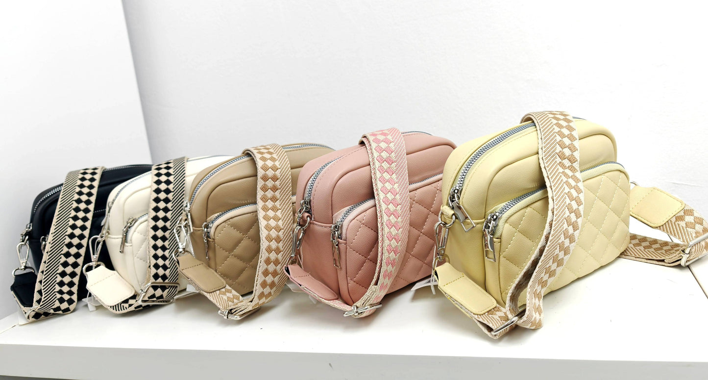 Superbia - Small Double Zipper Quilted Cross Body Shoulder Canvas Strap: Beige