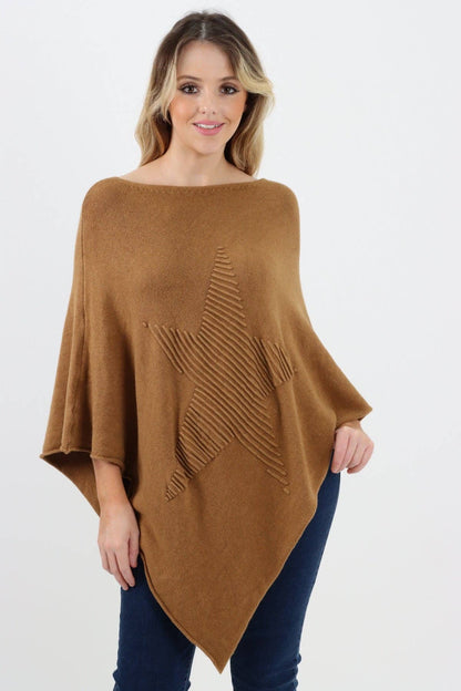 Italian Knitted Lagenlook Star Poncho: Beige / One Size To Fit UK 8-18