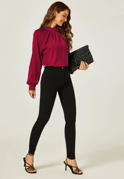 FS Collection - Halter Neck Long Sleeve Blouse Top In Wine Red: XL