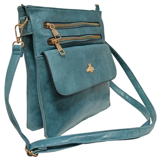 Double Zipper Multi Pocket Bee Details Cross BodyBag-9133: Blue