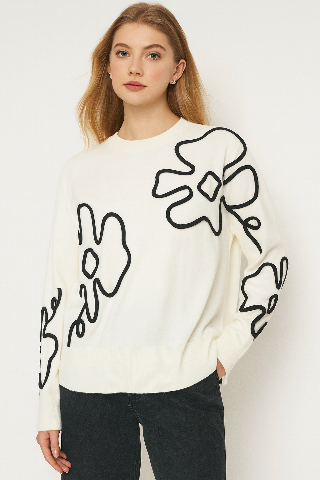 Lucy Sparks - SOFT KNIT JUMPER WITH CONTRASTING FLORAL LACE DESIGN: Coffee