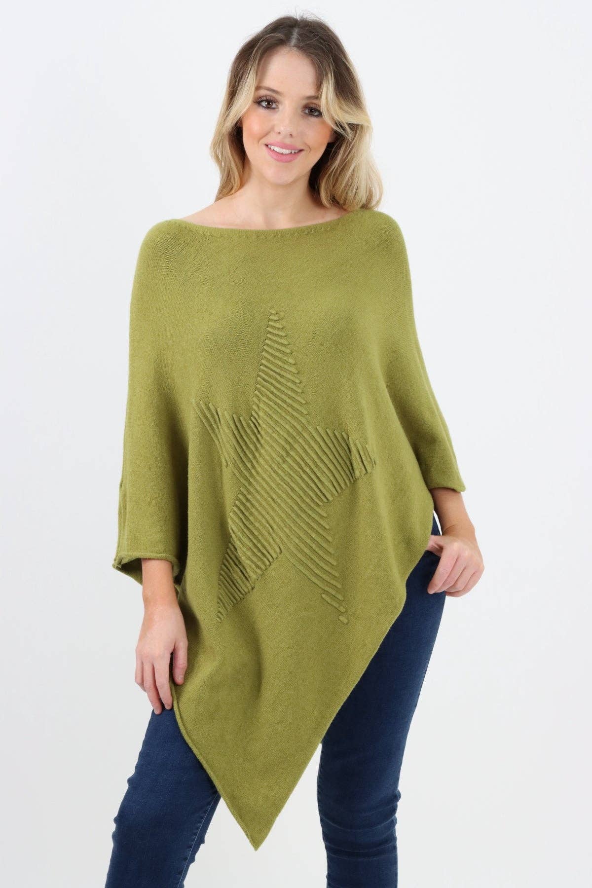 Italian Knitted Lagenlook Star Poncho: Beige / One Size To Fit UK 8-18