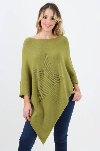 Italian Knitted Lagenlook Star Poncho: Beige / One Size To Fit UK 8-18