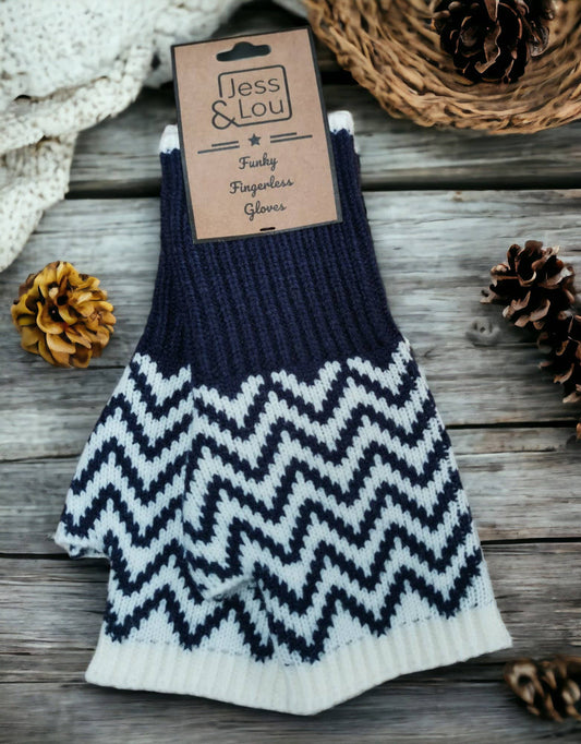 Jess & Lou - Blue Herringbone Fingerless Glove/Wrist Warmer GL101: Navy