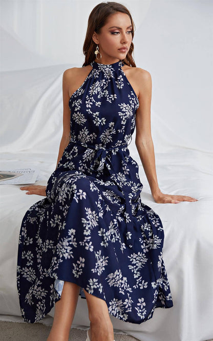 FS Collection - Halter Neck Midi Layer Dress In Nave & White Flora Print: L