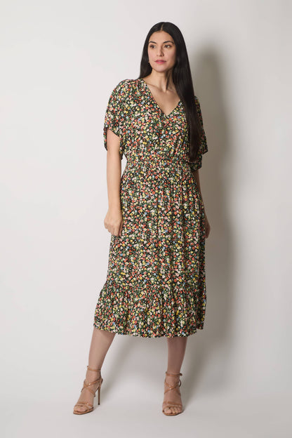 SOLO - Floral Print Midi Dress with Flutter Sleeves - Black: 14