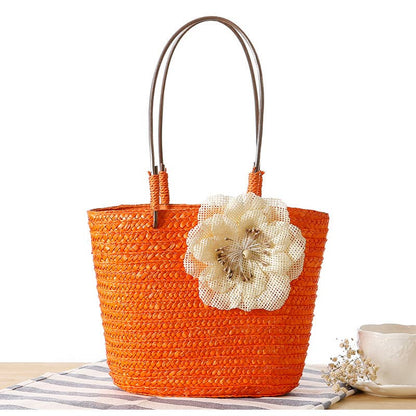 Superbia - Small Flower Bright Colors  Straw Basket Bag-Cl-27: Beige