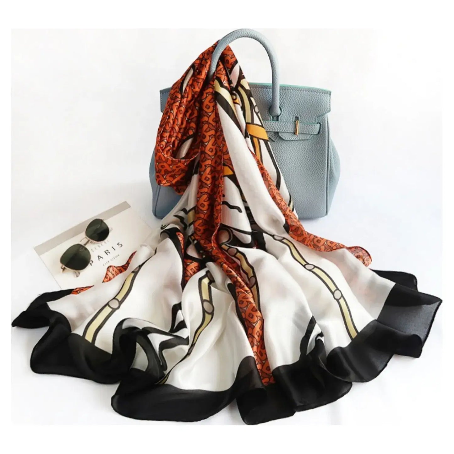 Superbia - Horse Print Silk Feel Long Scarf Shawl Wrap-180010: Orange