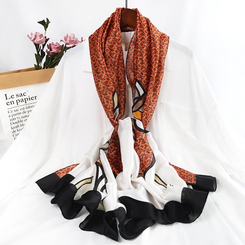 Superbia - Horse Print Silk Feel Long Scarf Shawl Wrap-180010: Orange