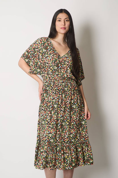 SOLO - Floral Print Midi Dress with Flutter Sleeves - Black: 12