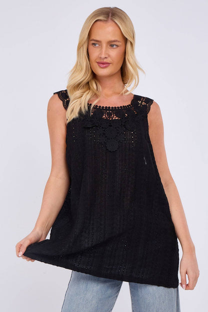 Embroidered Crochet Wide Lace Strap Vest Ladies Top: Sage / One Size To Fit UK 14 to 20
